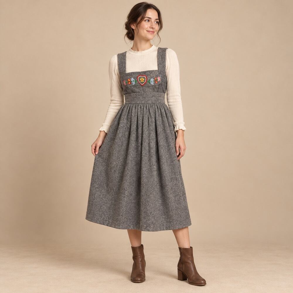 Handmade Vintage Gray Dirndl Jumper Dress Floral Embroidered Folk Cottagecore
